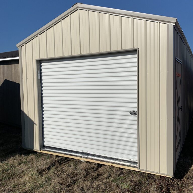 tan 12x24 garage with one white overhead door