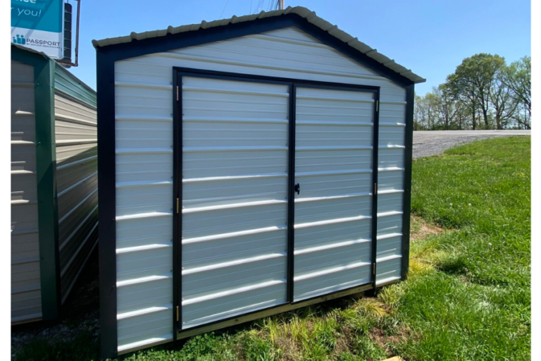 black and white trimmed 9x12 shed with double doors