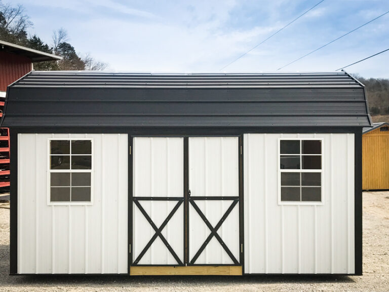 white 8x8 utility shed with black trim and two windows