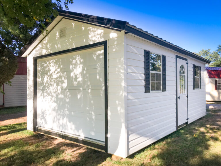white and black trimmed single car 12x20 vinyl ranch garage